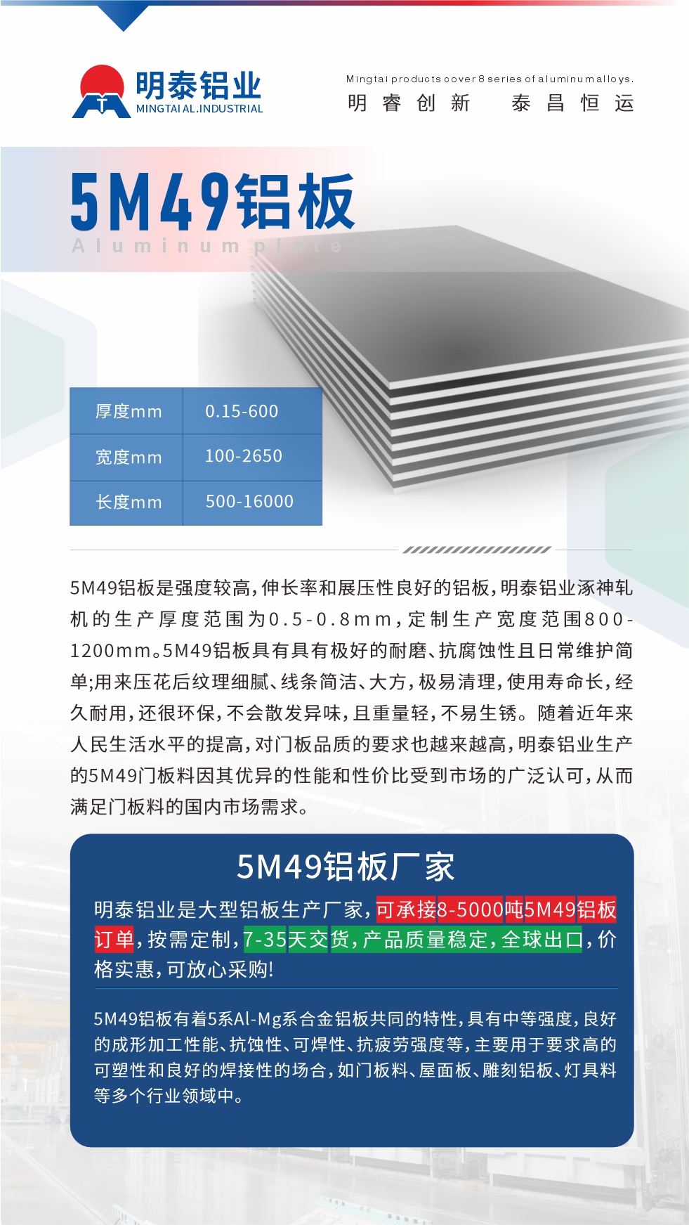 5M49鋁板是強度較高，伸長率和展壓性良好的鋁板，明泰鋁業涿神軋機的生產厚度范圍為0.5-0.8mm，定制生產寬度范圍800-1200mm。5M49鋁板具有具有極好的耐磨、抗腐蝕性且日常維護簡單;用來壓花后紋理細膩、線條簡潔、大方，極易清理，使用壽命長，經久耐用，還很環保，不會散發異味，且重量輕，不易生銹。 隨著近年來人民生活水平的提高，對門板品質的要求也越來越高，明泰鋁業生產的5M49門板料因其優異的性能和性價比受到市場的廣泛認可，從而滿足門板料的國內市場需求。
