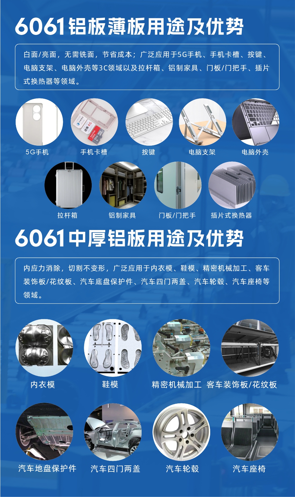 6061鋁板薄板用途及優勢:白面/亮面,無需銑面,節省成本;廣泛應用于5G手機、手機卡槽、按鍵、電腦支架、電腦外殼等3C領域以及拉桿箱、鋁制家具、門板/門把手、插片式換熱器等領域。
6061中厚鋁板用途及優勢:內應力消除,切割不變形,廣泛應用于內衣模、鞋模、精密機械加工、客車裝飾板/花紋板、汽車底盤保護件、汽車四門兩蓋、汽車輪轂、汽車座椅等領域。